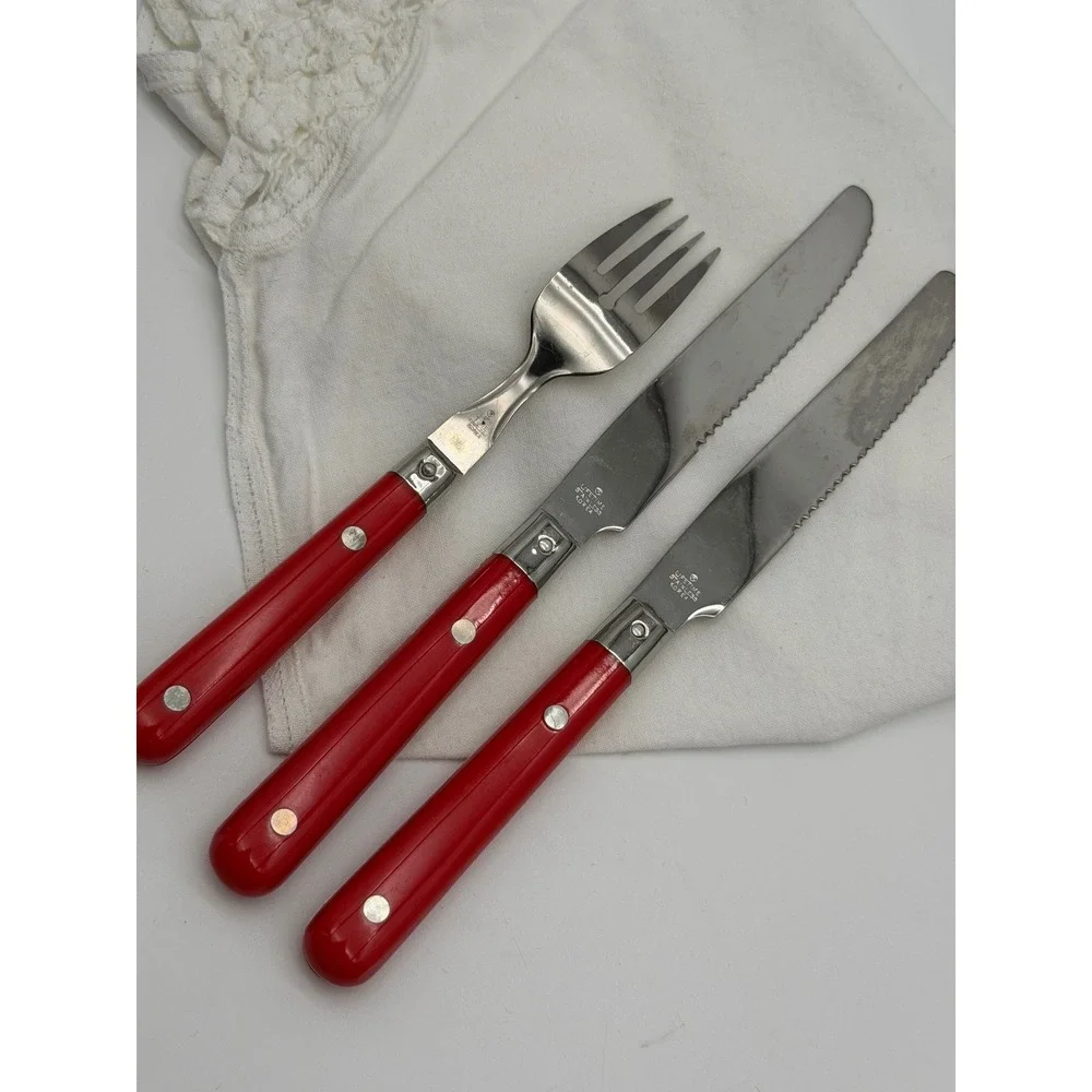 Lifetime Stainless Korea Red Riveted Handle Flatware Set 1 Fork 2 Knives Bistro